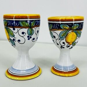 Deruta Italian Pottery Alcantara Lemons Wine 2 Goblets Hand-Painted Ceramic
